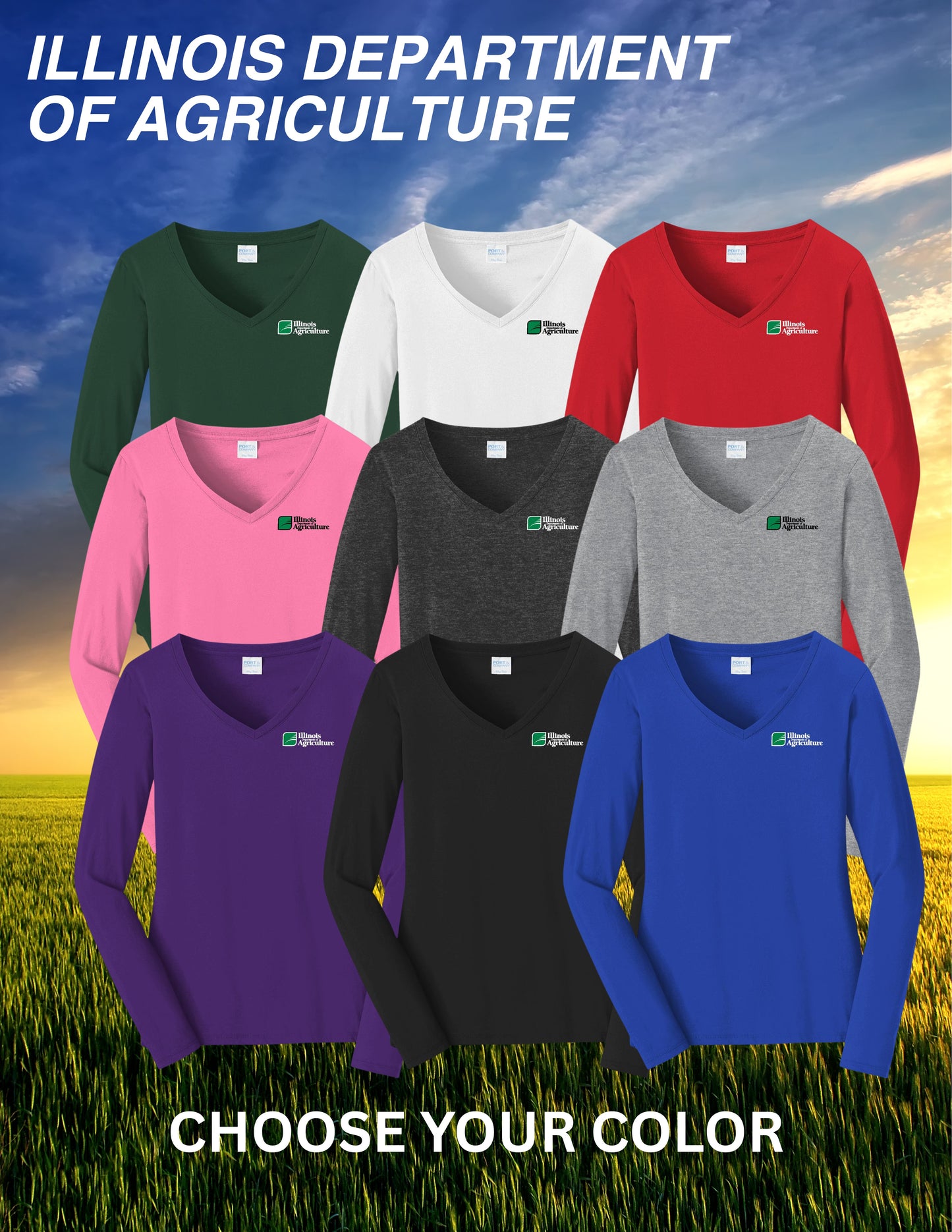 Illinois Department of Agriculture Port & Company® Women's Long Sleeve Fan Favorite™; V-Neck Tee (E.LPC450LVS)