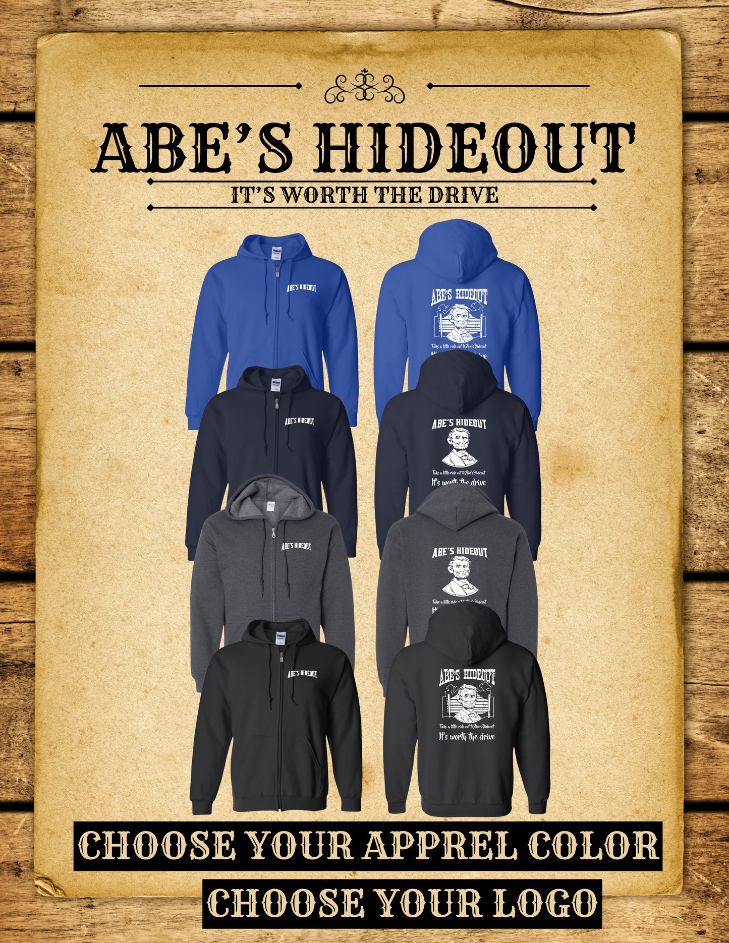ABE'S HIDEOUT UNISEX FULL ZIP HOODED SWEATSHIRT (P.18600)