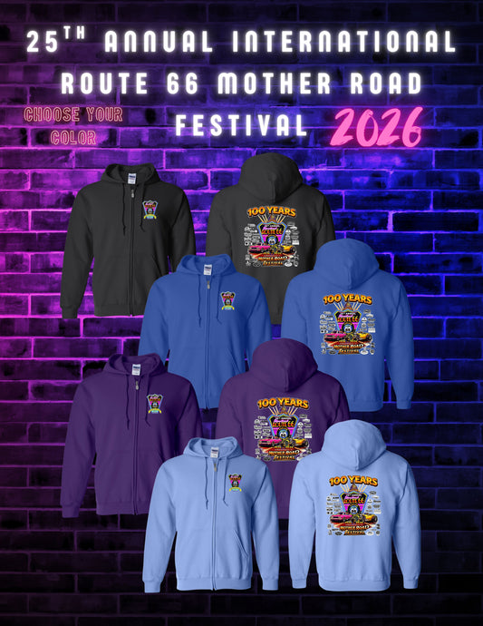 25TH ANNUAL ROUTE 66 MOTHER ROAD FESTIVAL 2026 UNISEX FULL ZIP HOODED SWEATSHIRT (P.18600)