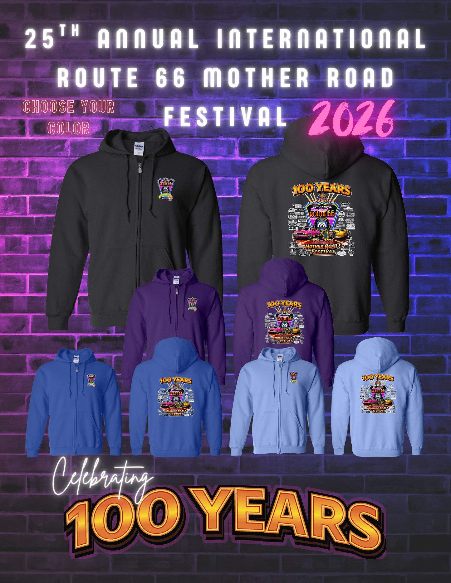 25TH ANNUAL ROUTE 66 MOTHER ROAD FESTIVAL 2026 UNISEX FULL ZIP HOODED SWEATSHIRT (P.18600)