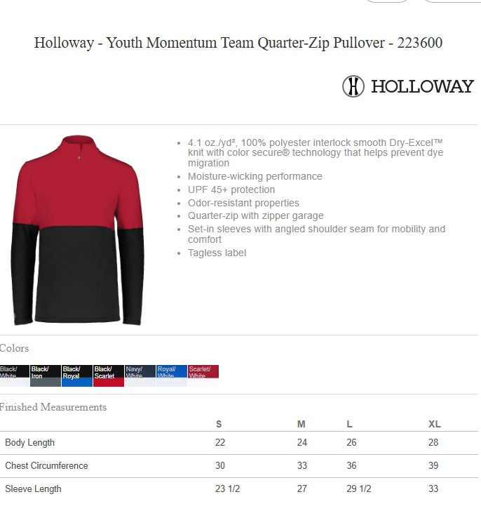 MASCOT SALE Youth Momentum Team 1/4 Zip Pullover (E.223600)