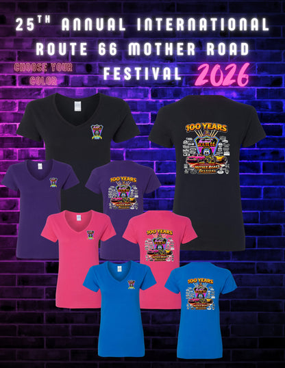 25TH ANNUAL ROUTE 66 MOTHER ROAD FESTIVAL 2026 WOMENS V-NECK T-SHIRT (P.5V00L)