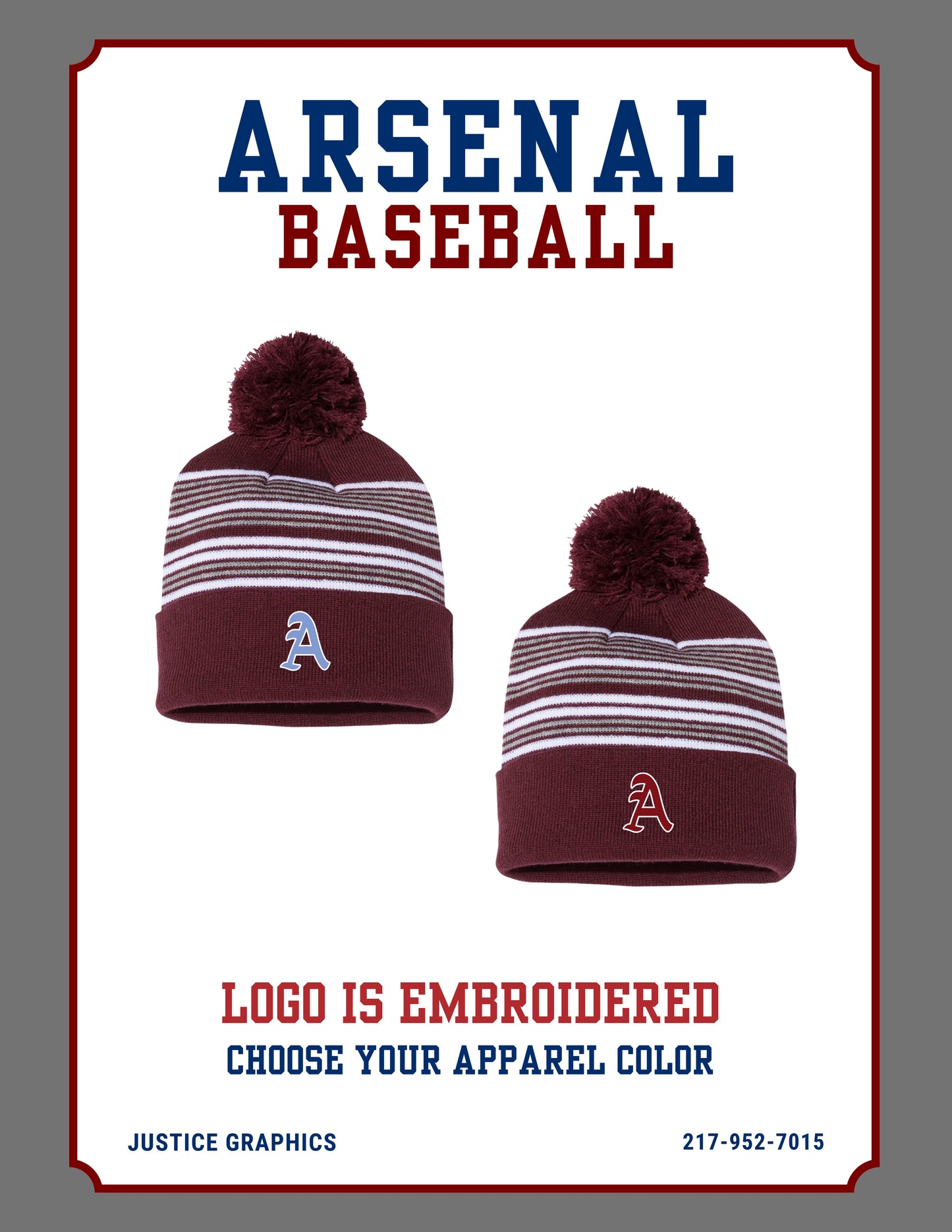 Arsenal Baseball 12" Striped Pom-Pom Knit Beanie - (EMB.SP60)
