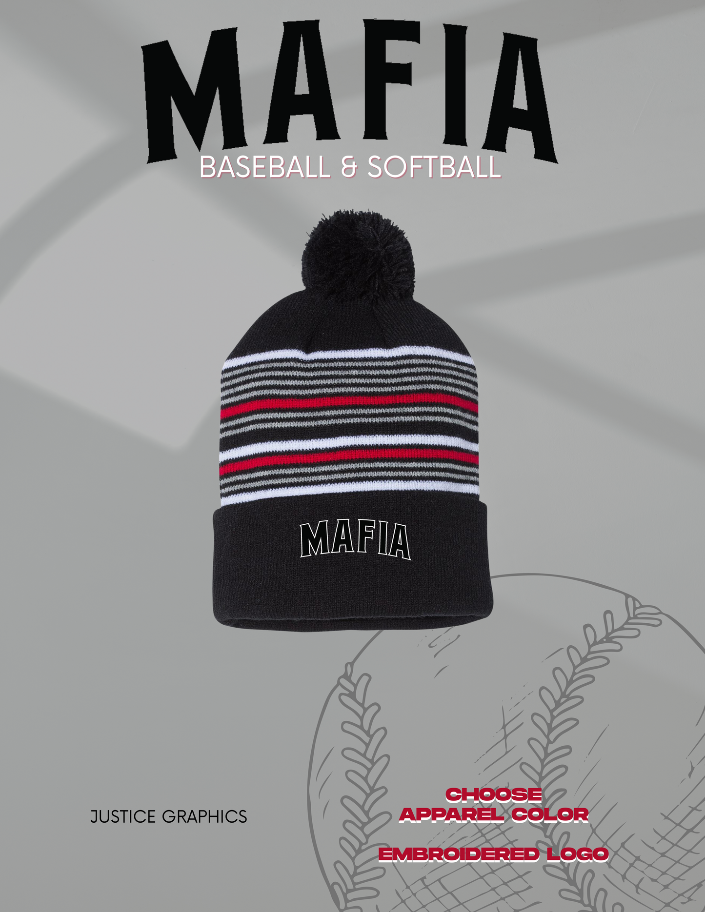 MAFIA BASEBALL/SOFTBALL 12" Striped Pom-Pom Knit Beanie - (E.SP60)